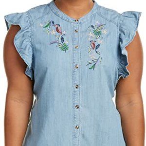 EUC Plus Size Melissa McCarthy Seven7 Button Down Embroidered Denim Top-Size 1X